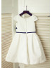 Ivory Satin Navy Blue Lace Cap Sleeves Knee Length Flower Girl Dress